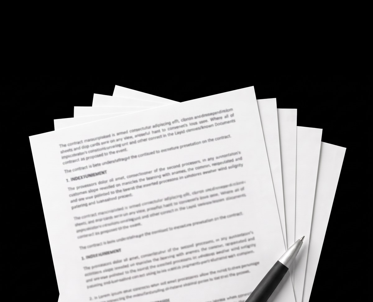 A fanned stack of contracts on black, a pen resting across them